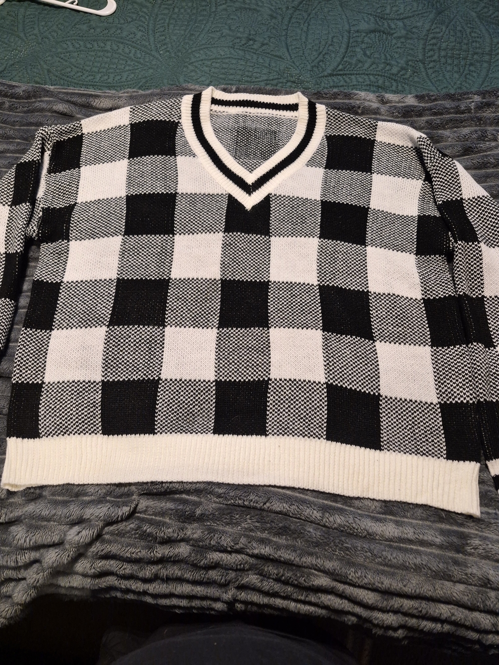 Women’s Black & White Checker V-Neck Sweater